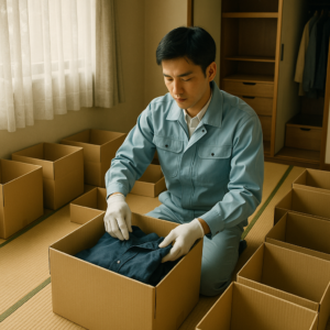 畳の部屋で整理する男性